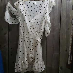 Cute Black Polka dot  Wrap Ruffle sleeve Blouse